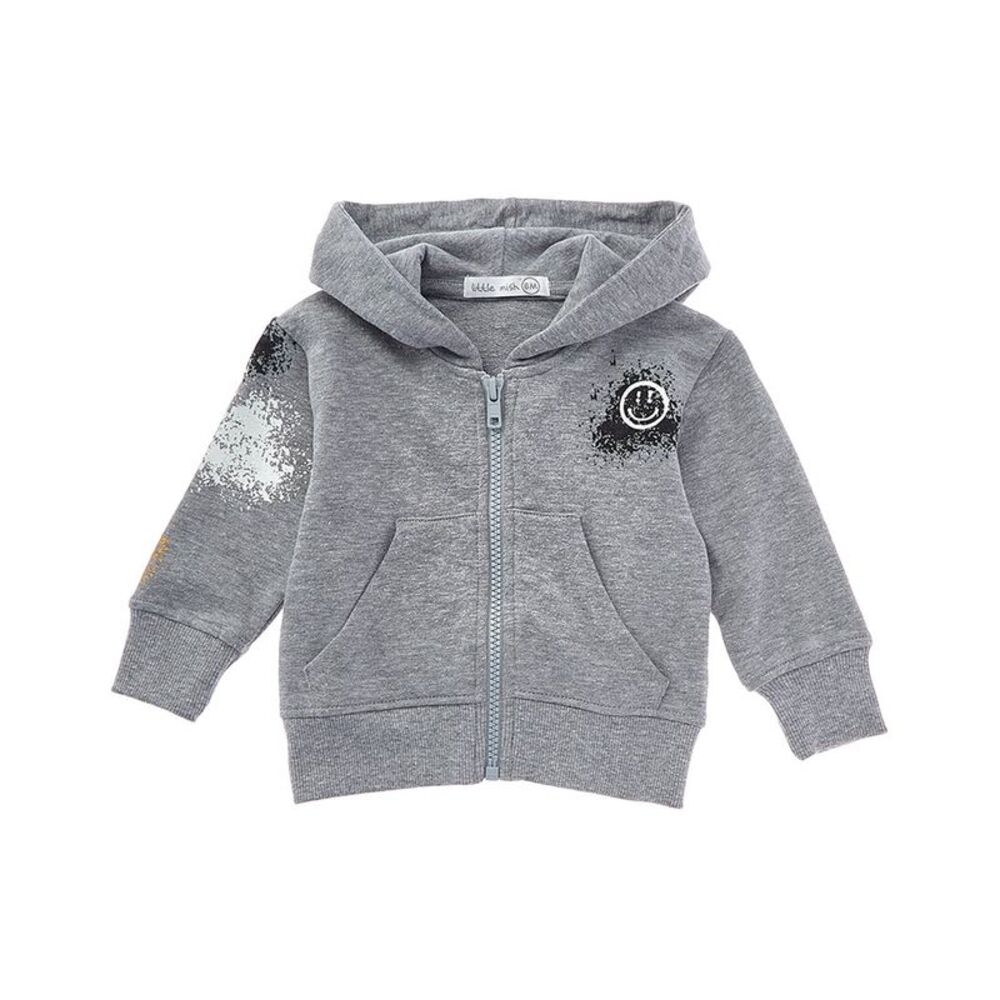 Kids Gray Hooded Zip-Up Pajama Top with Smiley Detail